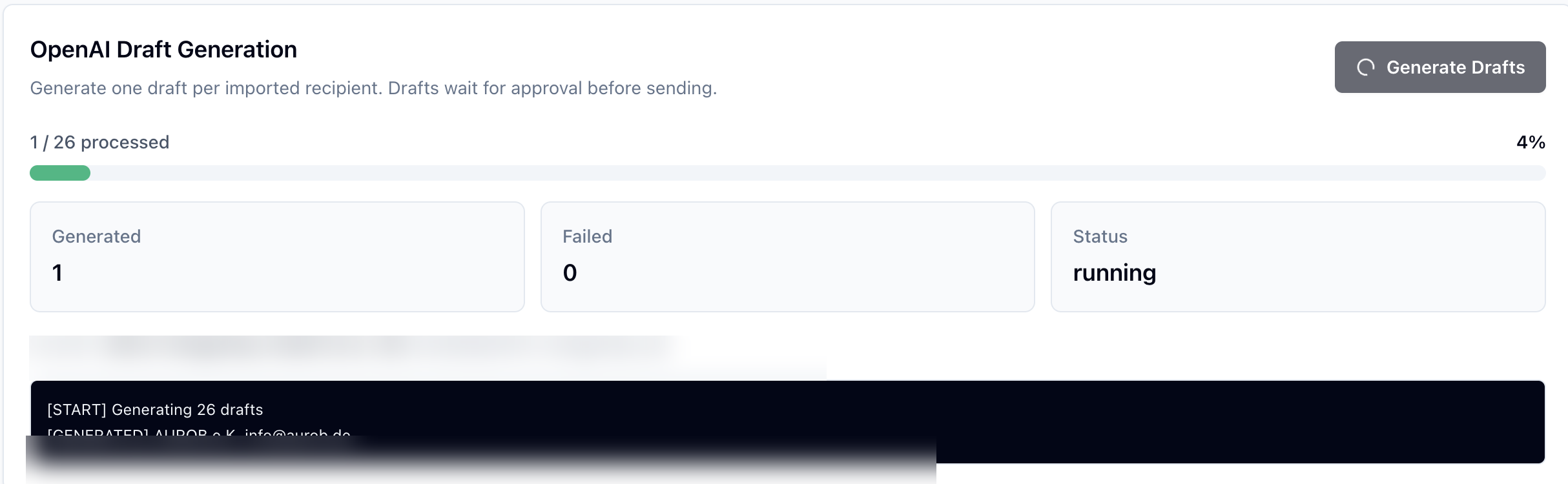 OpenAI draft generation queue with live progress