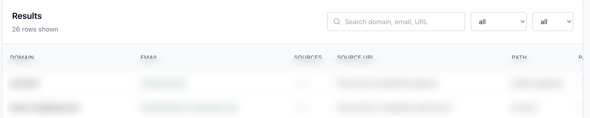 Searchable scraper result table with source evidence