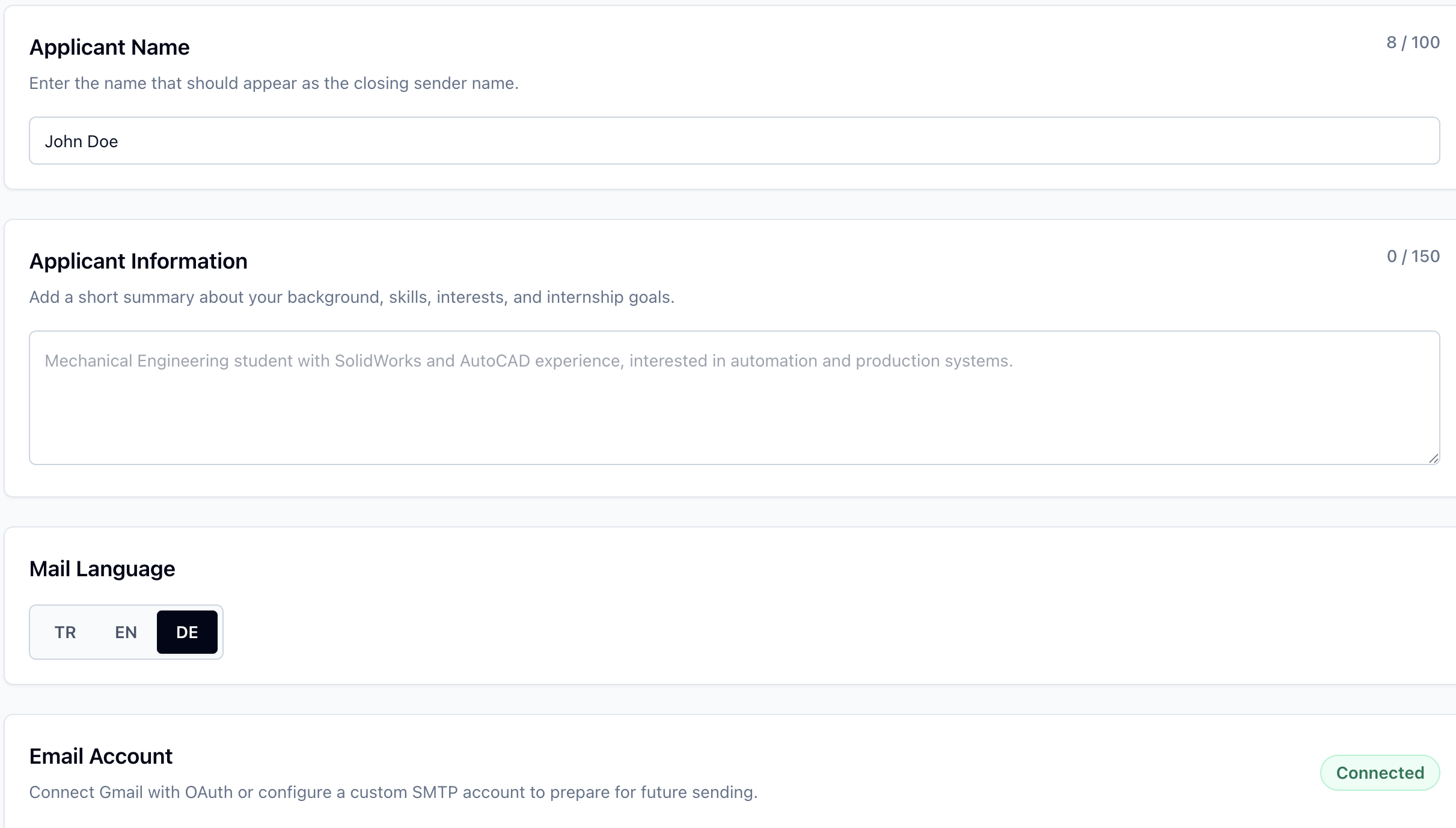 Applicant name, applicant information, mail language, and email account setup