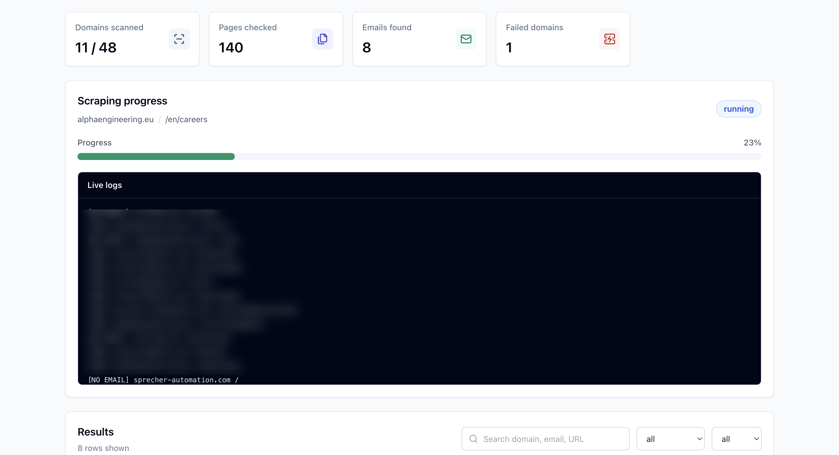 Live scraping progress and logs