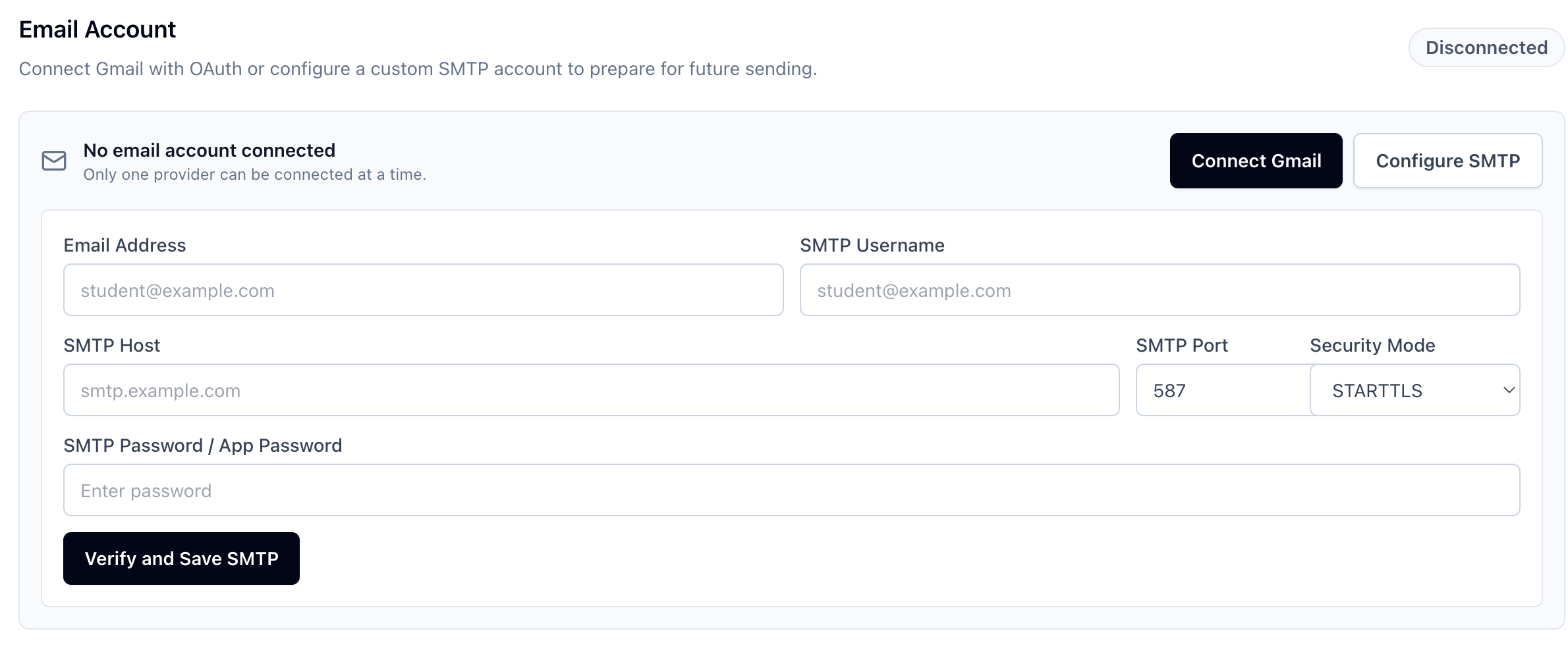 Custom SMTP configuration interface